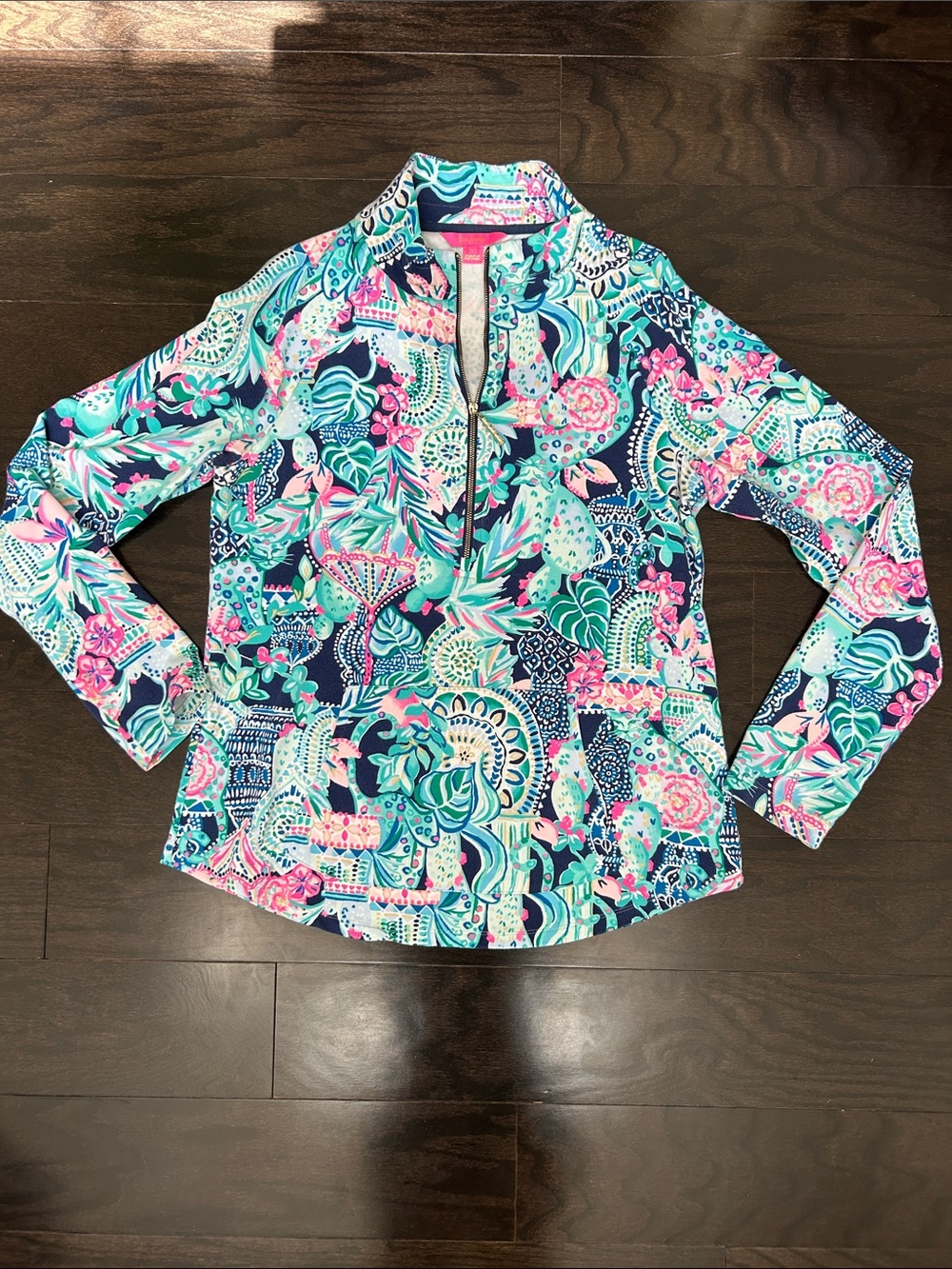 Lilly Pulitzer Navy Floral Paisley Zip-Up Top - Pink Aqua Teal